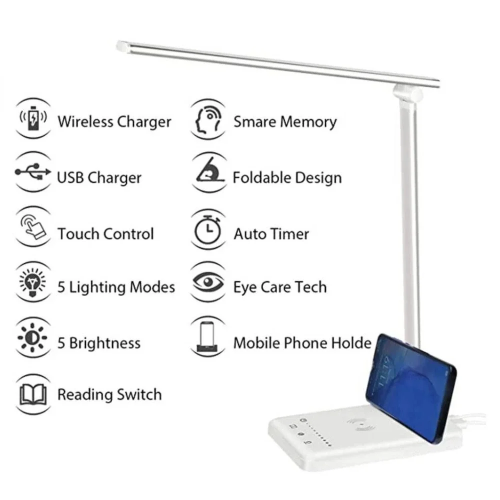 LED Desk Lamp Eye-Caring Table Lamps with Wireless Charger Touch Control